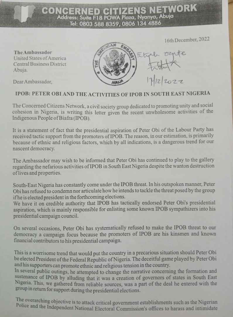 NaNer_Fareehert's tweet photo. Concemed Citizens Network, CCN has alerted the US as well as the UK Government of alleged links by the Presidential candidate, Peter Obi to the proscribed Indigenous People of Biafra
The group said He has received support from the IPOB since he indicated interest
#Dolus https://t.co/OWU40edPnv