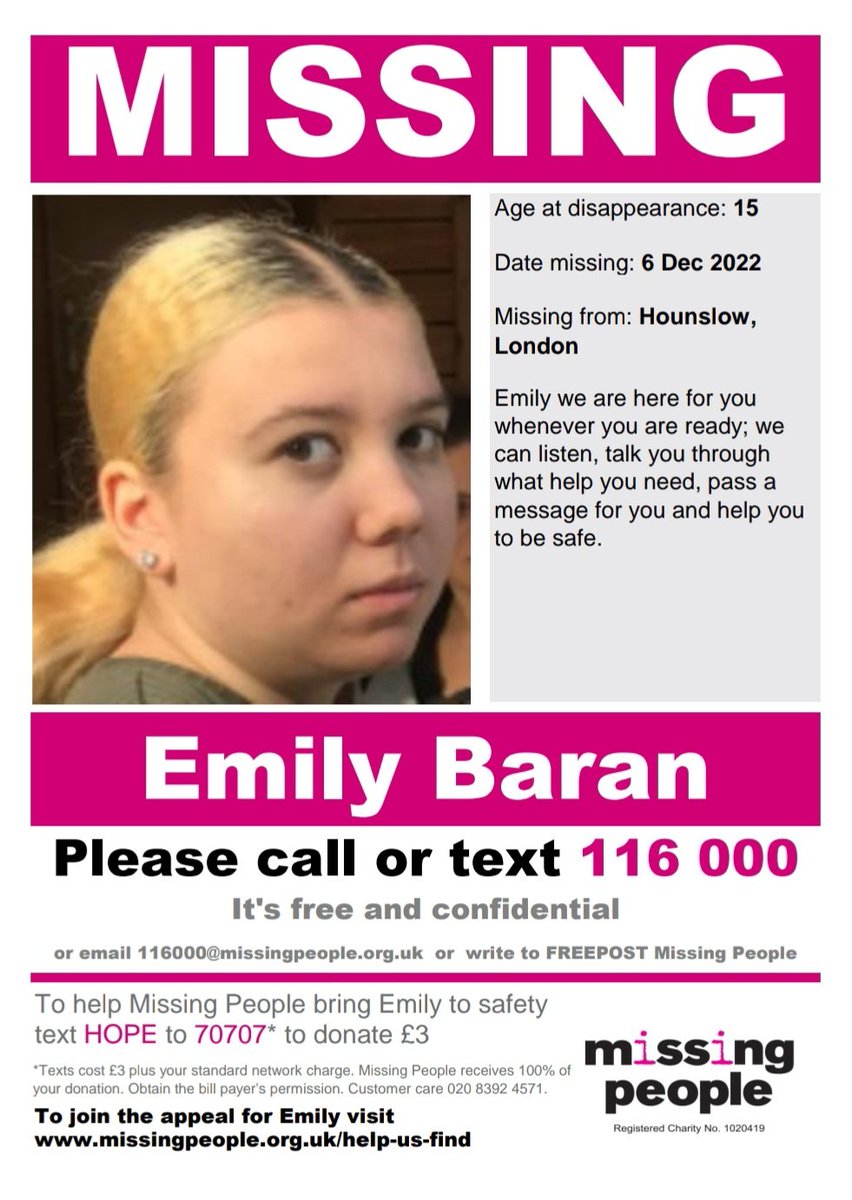 This child is missing and her mum has reached out to us for help 
We need you ALL behind this🙏
She is listed as a #MissingPerson 
Emily, 15 is #missing from #Ealing 
She was last seen on the 6th December 2022
‼️THOUGHT TO POSSIBLY BE IN THE AREA OF GREAT YARMOUTH‼️
#emilybaran