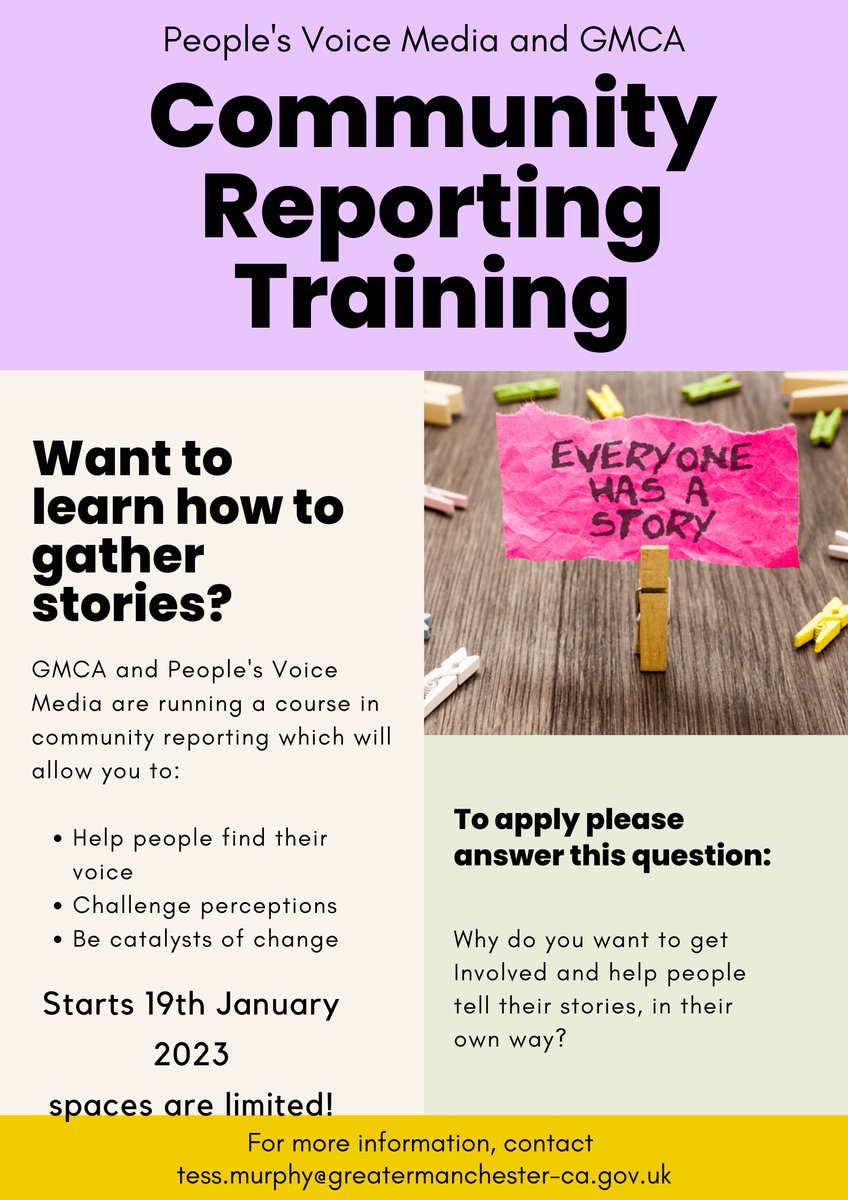 We're working with <a href="/greatermcr/">Greater Manchester Combined Authority</a> on #CommunityReporter Training workshops

Want to learn to gather stories? Answer the following question 'Why do you want to get involved &amp; help people tell their stories in their own way?' to apply!

Email: tess.murphy@grea…-ca.gov.uk