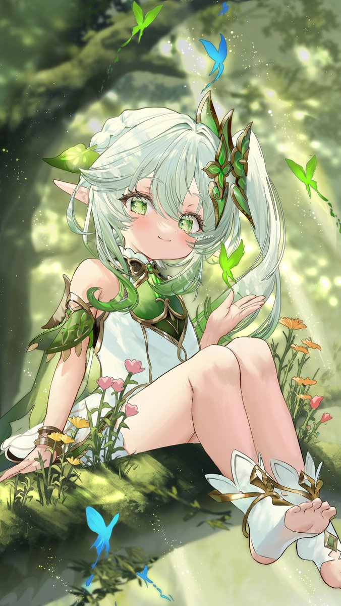 nahida (genshin impact) 1girl pointy ears solo dress green eyes smile white dress  illustration images