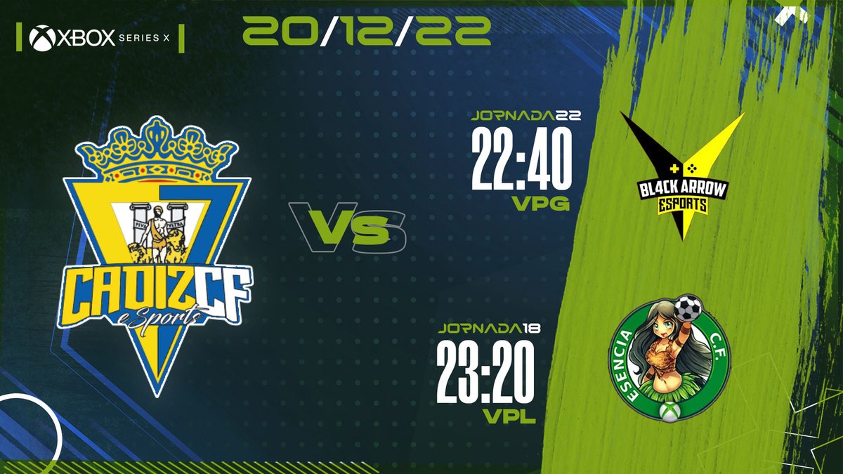 🔥 Martes de Clubes Pro

Nuestros chicos de #Xbox volverán a tener dos compromisos en la jornada de hoy

1⃣
🆚 <a href="/Bl4cKArroW_Club/">Bl4cK ArroW</a> 
🏆 <a href="/VPG_Spain/">Virtual Pro Gaming España</a> 
⏰ 22:40h

2⃣
🆚 <a href="/EsenciaCF/">Esencia C.F.</a> 
🏆 <a href="/VPLSpain/">VPL Spain</a> 
⏰ 23:20h

💻 twitch.tv/cadiz_esportsx…

#VamosCádiz #Fifa23