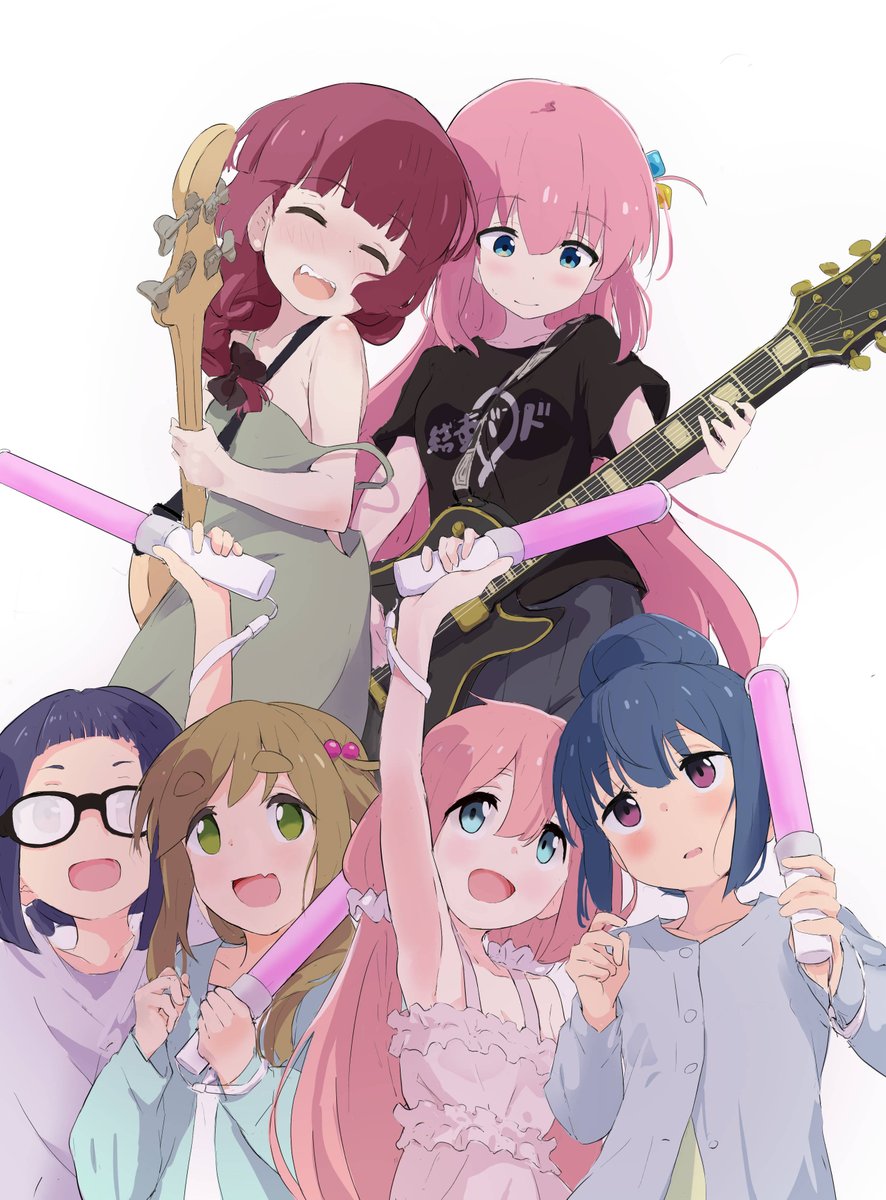 inuyama aoi ,shima rin multiple girls pink hair instrument guitar blue hair glasses braid  illustration images