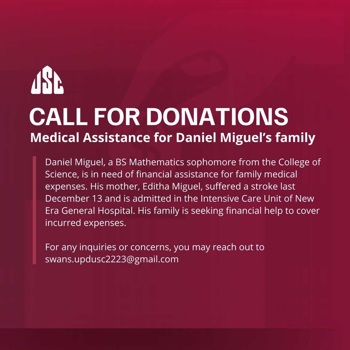USCUPDiliman's tweet photo. #CallForDonations | Medical Assistance for Daniel Miguel’s family

Daniel Miguel, a BS Mathematics sophomore from the College of Science, is in need of financial assistance for family medical expenses. https://t.co/DJ6NVBzFDE