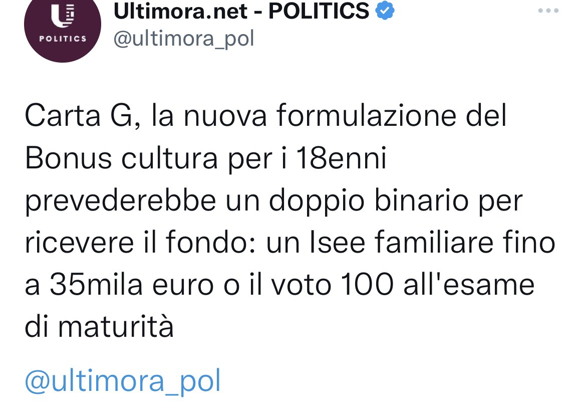 Un ragazzo con 99 alla maturità e con isee oltre 35 mila euro non ha diritto ad accedere al fondo per la cultura. Le squadre di Calcio che hanno fatto debito di #serieA ringraziano. Priorità di questo governo. #18app non e’ concepito come sussidio ma investimento sui giovani