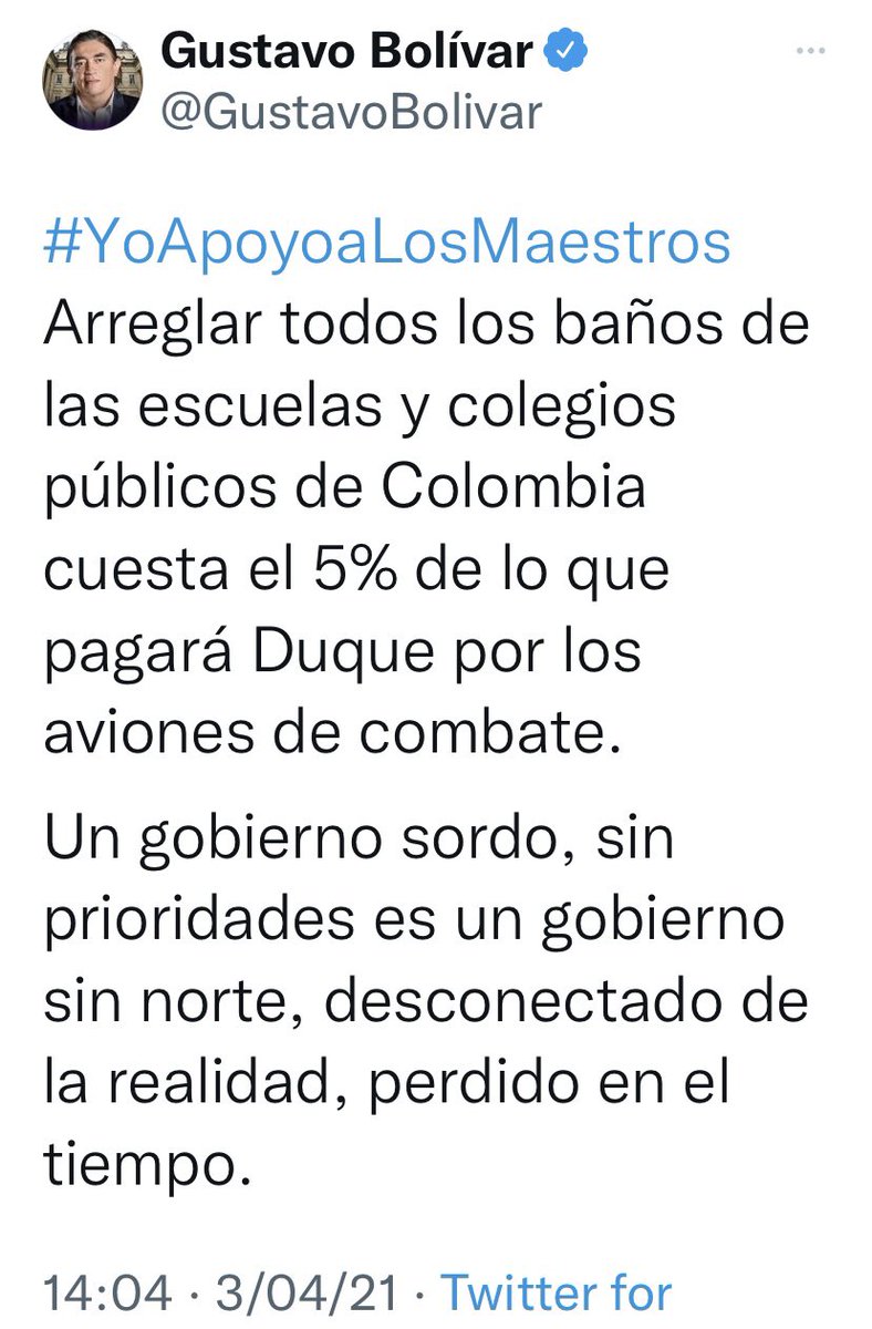 JERobledo's tweet image. Iván Cepeda, Wilson Arias, David Racero y Gustavo Bolívar, con toda la razón, rechazaron que @IvanDuque fuera a botar $14 billones en unos aviones de guerra internacional innecesarios. 
Ver…
¿Qué dirán ahora que cuestan $25,5 billones y el comprados se llama @petrogustavo?