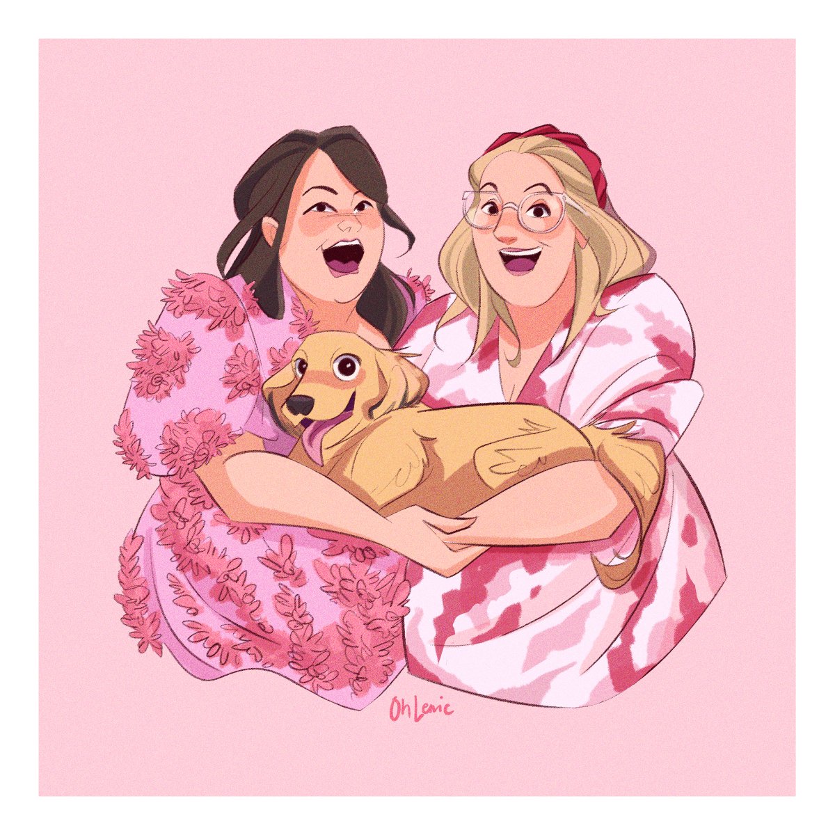 multiple girls 2girls dog glasses blonde hair open mouth pink background  illustration images