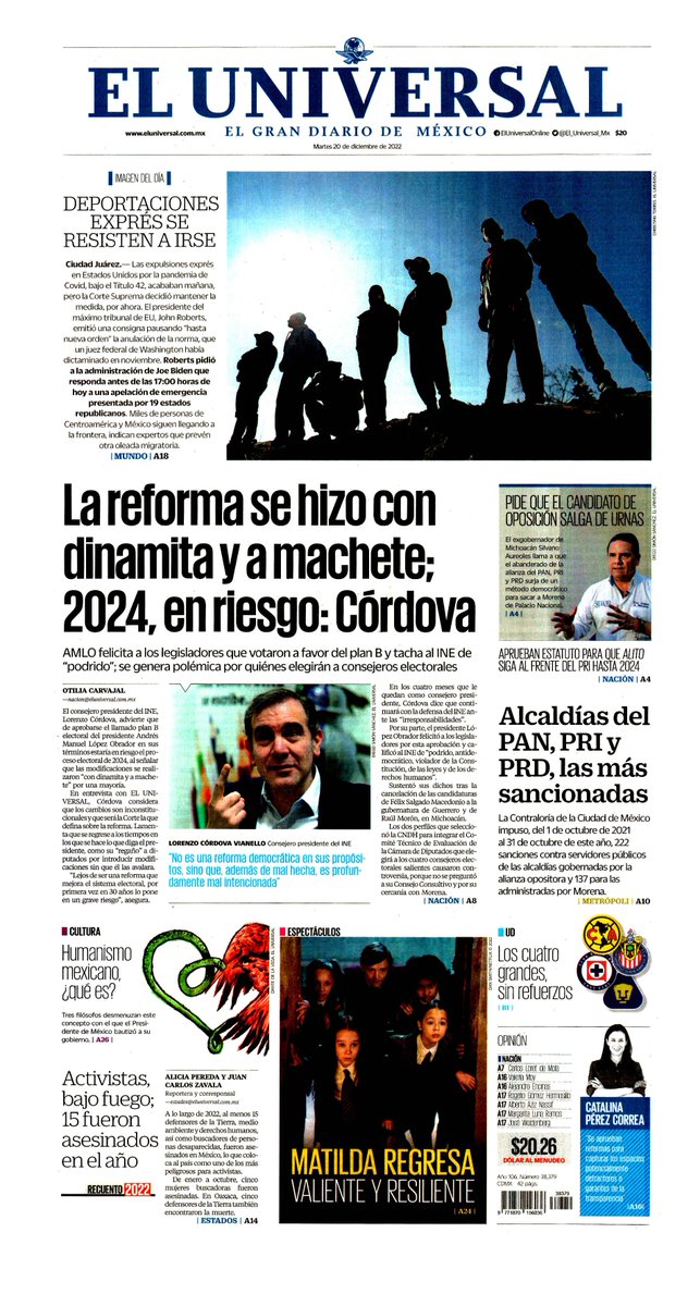 LuisCardenasMx's tweet photo. #PrimerasPlanas 🗞️ 20 de diciembre de 2022 #LaPrimeradeMVS (1) https://t.co/DTcH0CzEK2