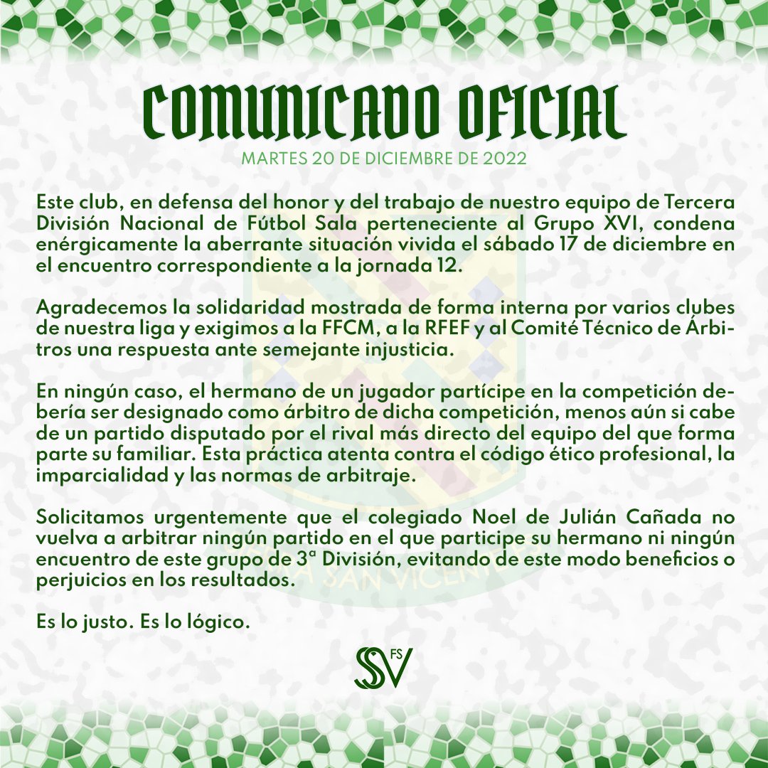 📄 𝗔𝗱𝘂𝗹𝘁𝗲𝗿𝗮𝗿 𝗹𝗮 𝗰𝗼𝗺𝗽𝗲𝘁𝗶𝗰𝗶𝗼𝗻 𝗰𝗼𝗻 𝗱𝗲𝘀𝗶𝗴𝗻𝗮𝗰𝗶𝗼𝗻𝗲𝘀 𝗮𝗿𝗯𝗶𝘁𝗿𝗮𝗹𝗲𝘀 𝗱𝗲 𝗲𝘀𝘁𝗲 𝗰𝗮𝗹𝗶𝗯𝗿𝗲 está por encima de sufrir en un único partido 4 expulsiones, 3 dobles penaltis, un penalti y un desprecio continuo.

#ElCorazónDeLaSierra💚