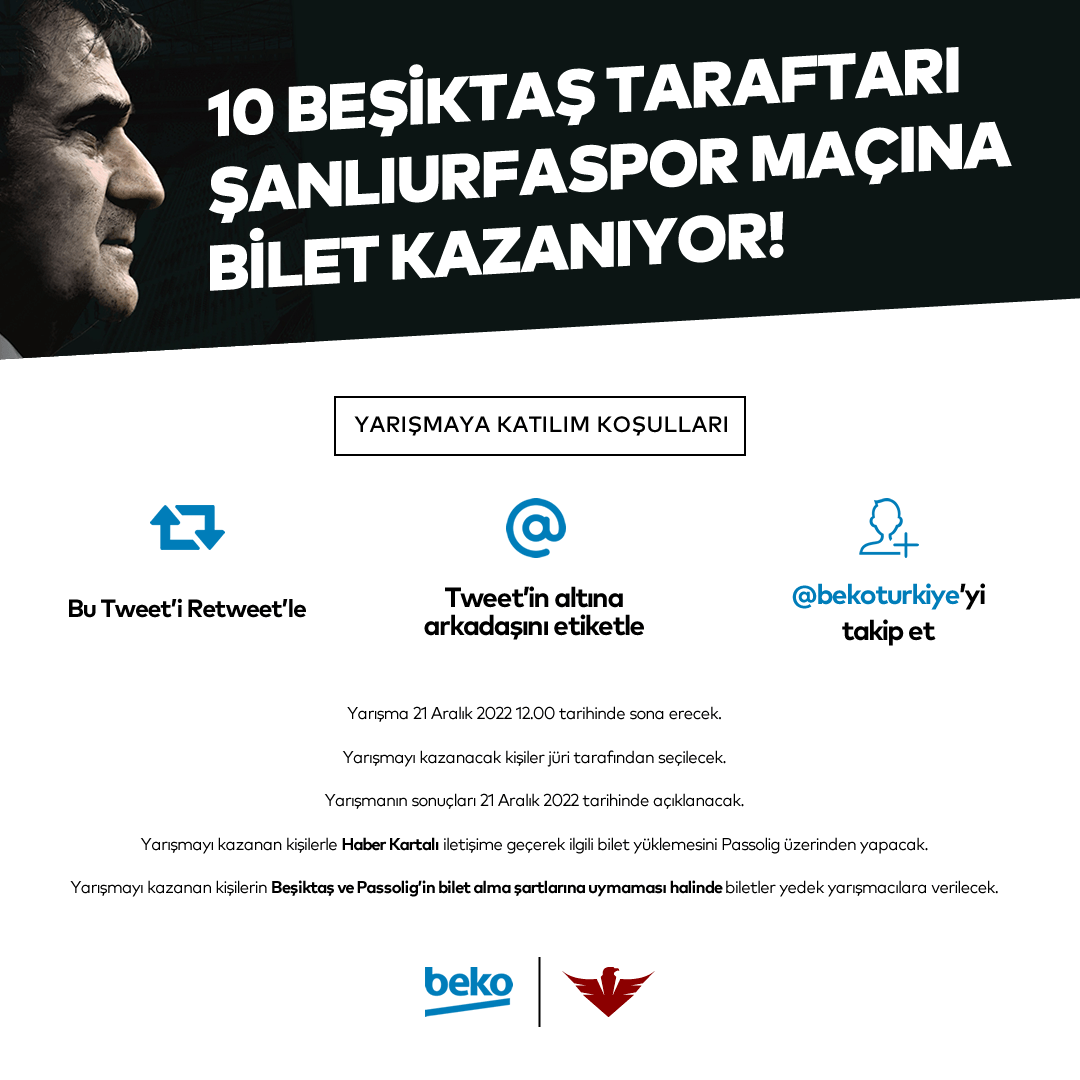 HaberKartali's tweet photo. 🦅 Haber Kartalı &amp; #EfsaneSponsor Beko iş birliğiyle 10 taraftarımız Beşiktaş - Şanlıurfaspor maçına bilet kazanıyor!

▪️ Bu Tweet'i Retweet'le,
▪️ Tweet'in altına arkadaşını etiketle,
▪️ @bekoturkiye'yi takip et! https://t.co/PTgx0nwTfz