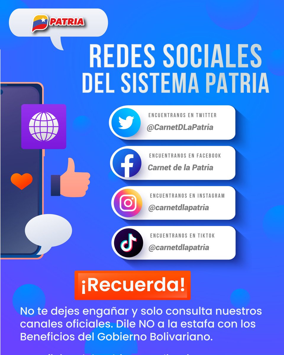 #Aquí Nuestras únicas redes sociales. ¡SIGUENOS!
No te dejes engañar y consulta nuestros canales oficiales.
Di NO a la estafa con los Beneficios del Gobierno Bolivariano.

#NavidadTiempoDePaz #20Dic
