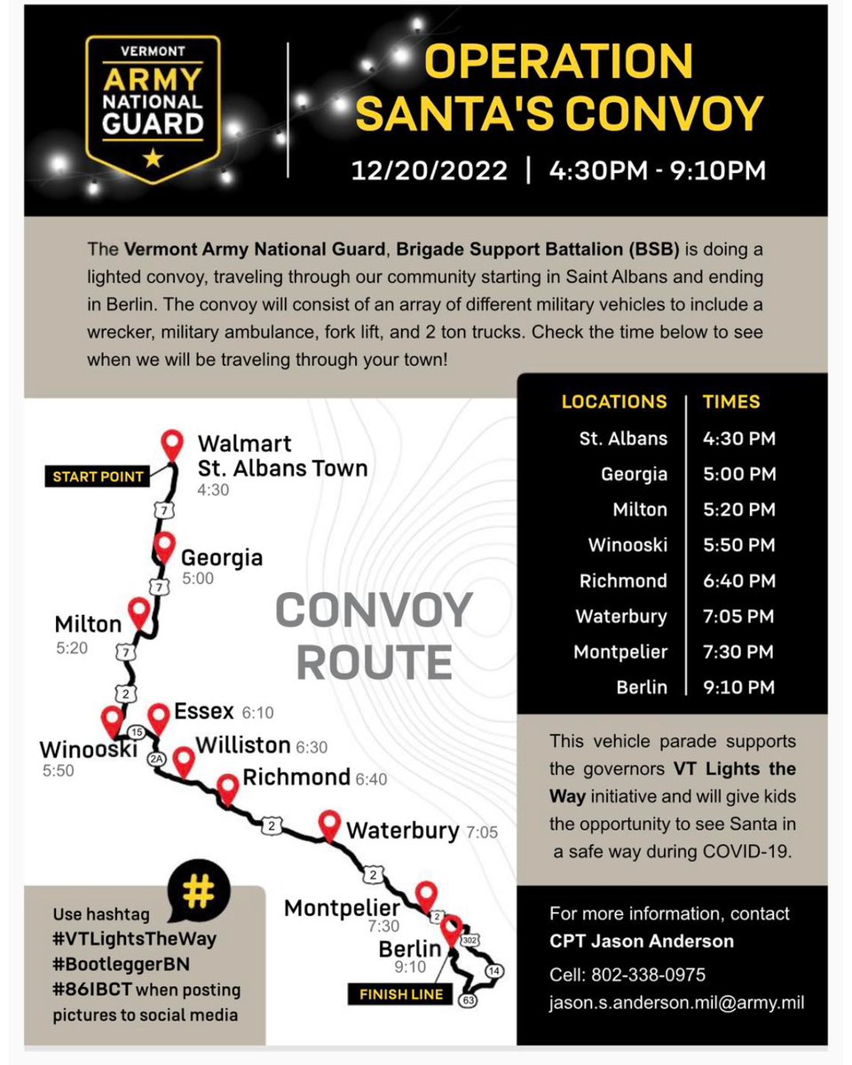 VTNationalGuard's tweet photo. Santa's Convoy is happening tonight! Check out the route and find a spot to watch!
#VTLightsTheWay https://t.co/e1j5B3ecP0