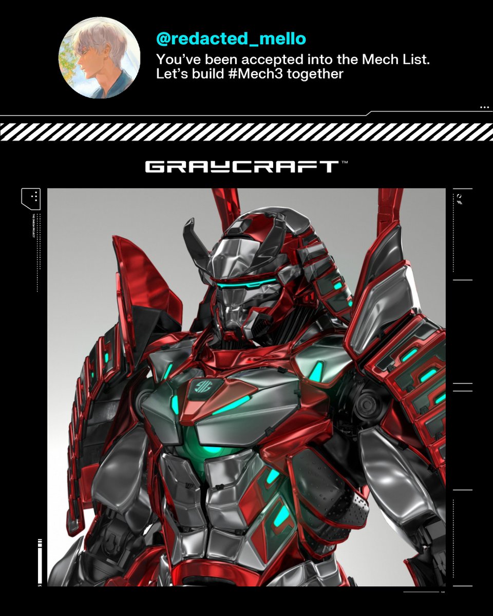 Congratulations <a href="/redacted_mello/">mello</a>! You've been accepted into the Mech List.

We've given you powers to nominate valuable members into the GCU. Generate your referral code here: graycraft.com/mech-list/stat…

Here's the Omega you chose for your first mission.

Let's build Mech3 together.