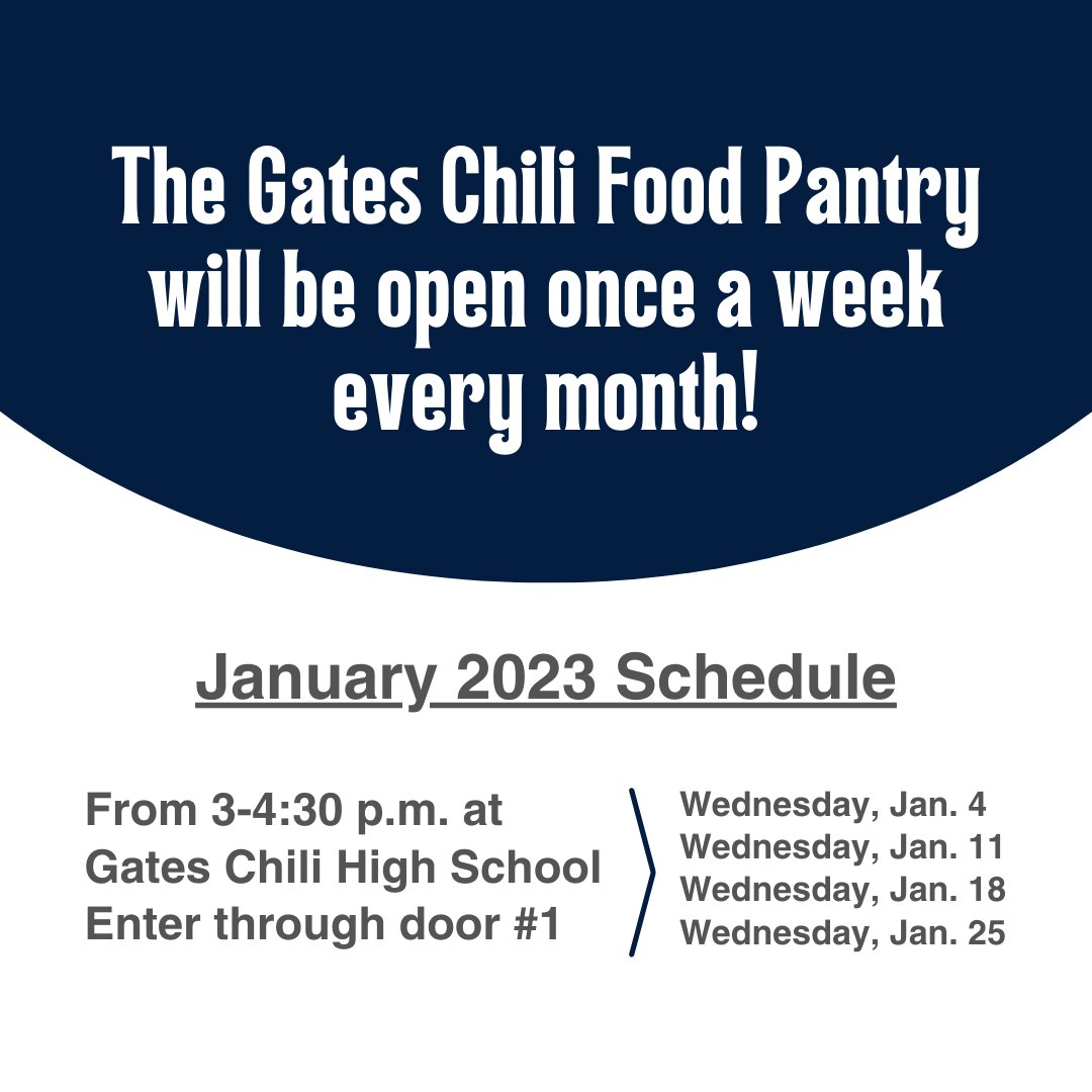 Gates Chili CSD is proud to announce a new resource for families! The Gates Chili Food Pantry opens on Jan. 4. Families in need should come to <a href="/GatesChiliHS/">Gates Chili HS</a> door #1. It's open to all GC families <a href="/Brasserway/">Florence Brasser Elementary</a> <a href="/gcwaltdisney/">GC Walt Disney Elementary School</a> <a href="/PaulRoadSchool/">Paul Road Panthers</a> <a href="/NeilArmstrongES/">Neil Armstrong ES</a> <a href="/GatesChiliMS/">Gates Chili MS</a> #GCCares