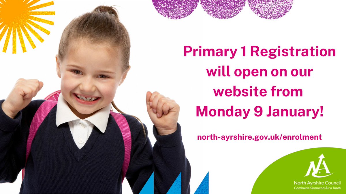 📢 Parents of children scheduled to begin primary school in August 2023, are being asked to register them from next week! Registration will open online from Monday 9 January. More info here: north-ayrshire.gov.uk/news/Primary-o… @NAC_Education