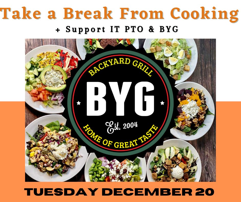 Hungry? Order from BYG anytime today &amp; mention Indian Trail PTO for 20% of your bill to be donated towards programs like teacher grants, family events, &amp; school assemblies! If ordering from the BYG site be sure to put "Indian Trail PTO" in the special instructions at checkout.