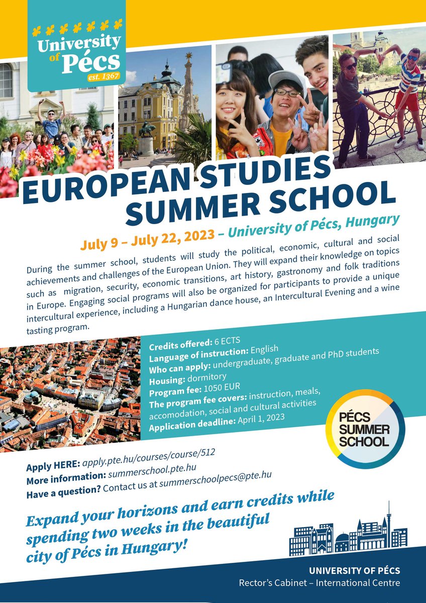 Spend your summer at the European Studies Summer School in Pécs, Hungary! 🇭🇺☀️🏤

-Spend July 9-22 learning about European history
-Excursions in the region around Pécs
-Social events including kayaking &amp; spa trips

Apply by 4/1 online! 😎☀️✏️