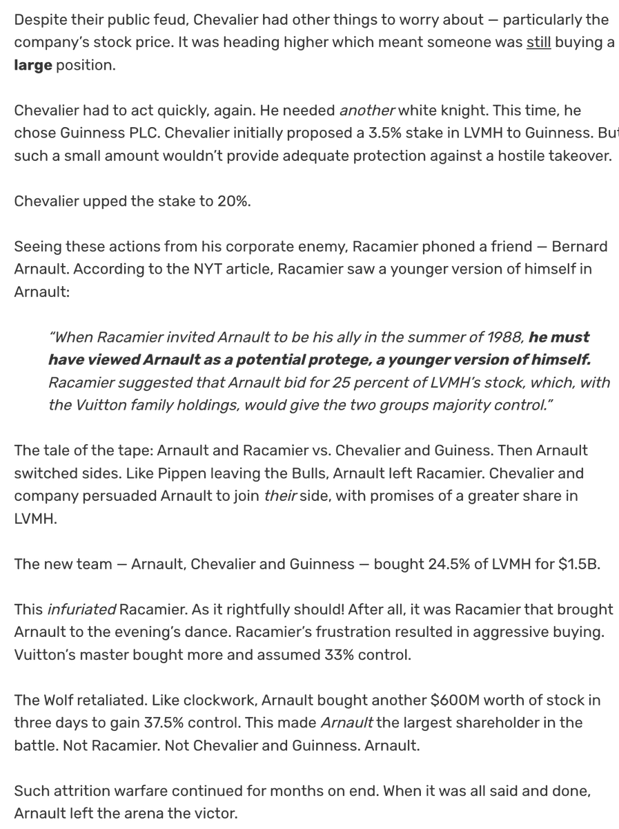 Brandon Beylo on X: 3/ The LVMH Takeover Arnault quietly accumulated a  major stake in luxury spirits company Moet-Hennessy (MH). To combat the  takeover, Hennessy merged with Louis Vuitton (LV). LV flamed