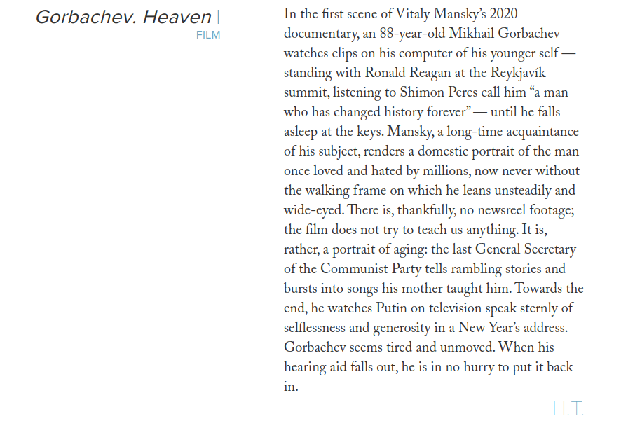 A short review of the film 'Gorbachev. Heaven' by me, for <a href="/thedrift_mag/">The Drift</a>