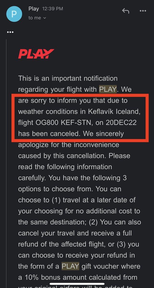 @PLAYairlines you cancelled our flights BWI>KEF (OG102) and KEF>STN (OG800) yesterday (19DEC22) due to weather. We understand this happens. However, what we don’t understand is why 30 hours later we are still unable to rebook the flight and you can’t be reached by any means.