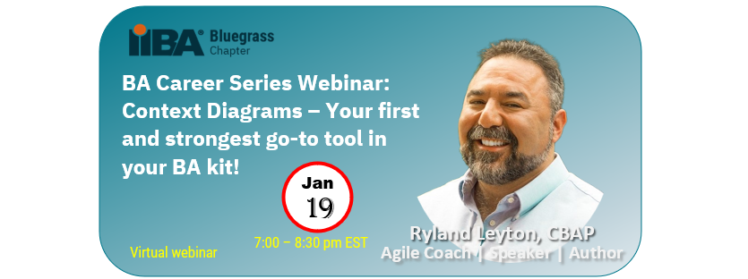 TheWittyBA's tweet photo. #BA #Career Series #Webinar: Context Diagrams: Your first and strongest go-to tool in your BA kit! with Ryland Leyton, CBAP, | Thu. Jan 19 | 7PM EST | @IIBABluegrass #baot #businessanalysis #contextdiagram #iiba #BAskills https://t.co/JeZkqJf8lP https://t.co/Xga8a1Kug2