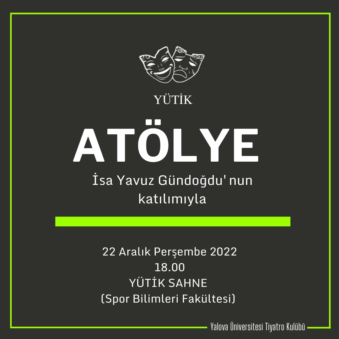 22 Aralık Perşembe günü saat 18.00'da YÜTİK SAHNE'de buluşuyoruz. İsa Yavuz Gündoğdu'nun katılımıyla gerçekleşecek atölyemize tüm Yütikseverleri bekleriz.

YÜTİK

Tutkuyla Tiyatro Yapıyoruz.

#yutik #tiyatro #yalovaüniversitesi