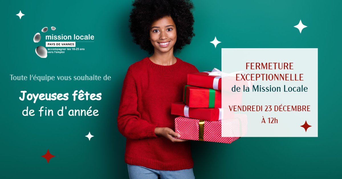 Toute l'équipe de la Mission Locale vous souhaite de Joyeuses fêtes de fin d'année !
La Mission Locale fermera exceptionnellement à 12 h le vendredi 23 décembre 2022.