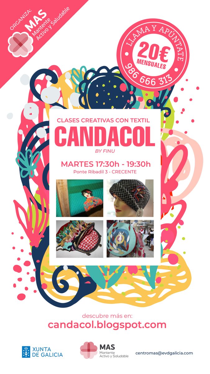 evdgalicia's tweet photo. Desde el Centro Más de EVD Galicia en Crecente queremos ofreceros una nueva actividad con nuestra compañera Finu y su taller CandaCol 

Te invitamos a venir cada martes de 17:30 a 19:30h y hacer tus propios diseños creativos con material textil 

MÁS INFO: https://t.co/mhrNDEeHxo https://t.co/UwLki6Vf1K