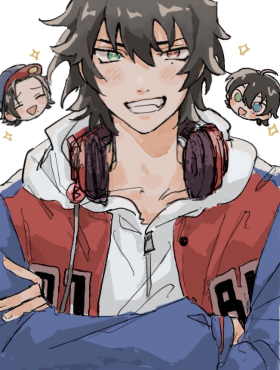 heterochromia headphones around neck headphones male focus smile multiple boys jacket  illustration images