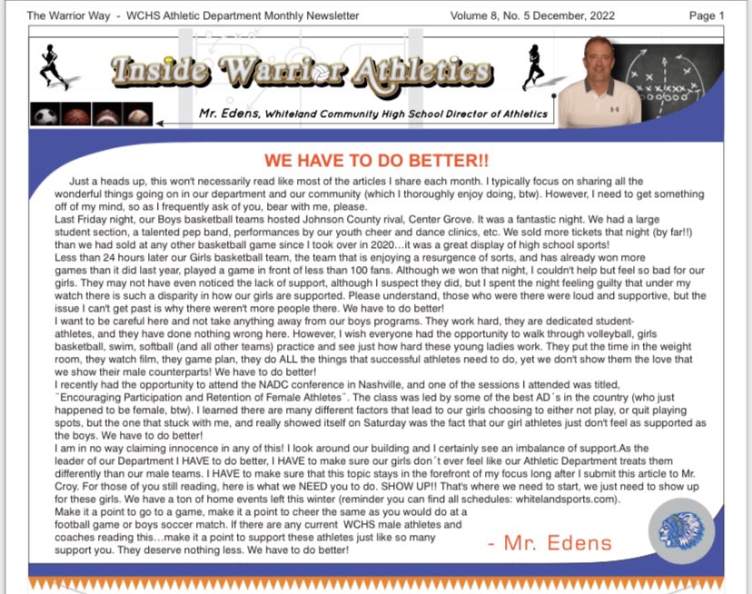 We encourage everyone to take a few minutes out of your day and read this message from Whiteland AD David Edens that was released as part of the athletic departments December newsletter.