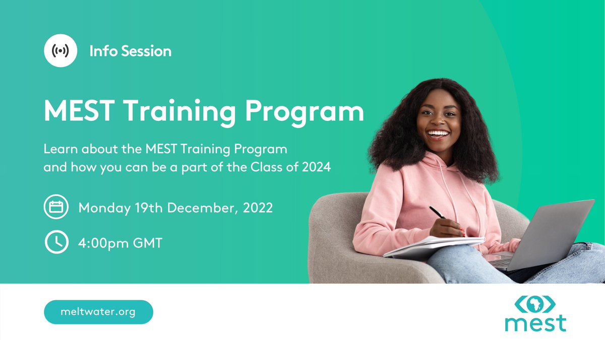 MESTAfrica's tweet image. Did you miss our first MEST Training Program Info Session?
Here’s a recap on how to join the #MESTClassOf2024.
 
Watch here: bit.ly/MEST_ISRecap
 
#TechAndBeyond #MESTClassOf2024