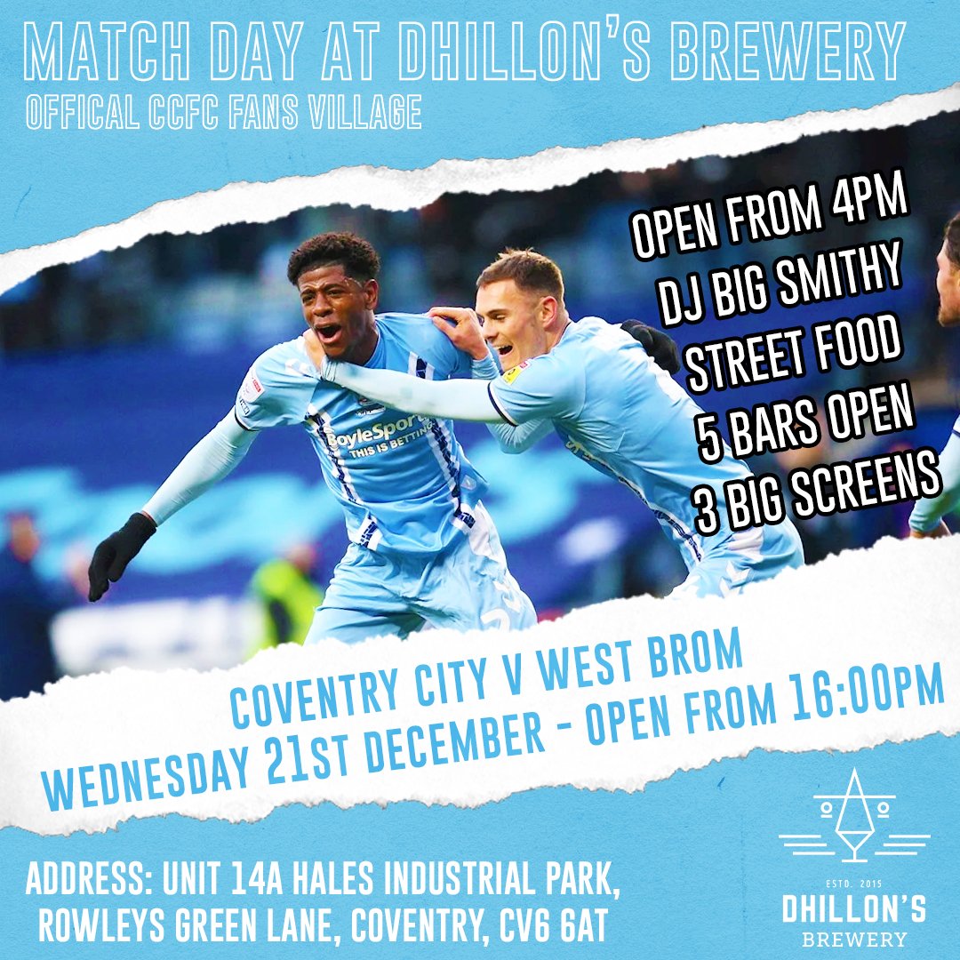 It's #CCFC vs #WBA tomorrow and we'll be open from 4PM! 

#pusb #skyblues #skybluearmy #coventry #coventry2022 #covcity #coventrycitycentre #midlands #westmidlands #matchday #match #football #dhillonsbrewery #eflchampionship #efl #fansvillage #brewery #beer