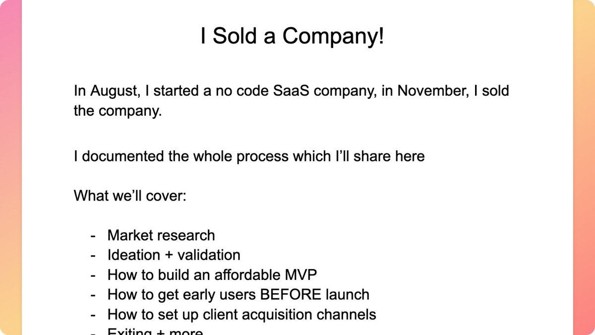 I sold my first company in November and told no one 

I documented the whole process and I break down the whole thing in this document for you to replicate

Just RT + comment "exit" &amp; I'll send it over 

(must be following to receive dm)