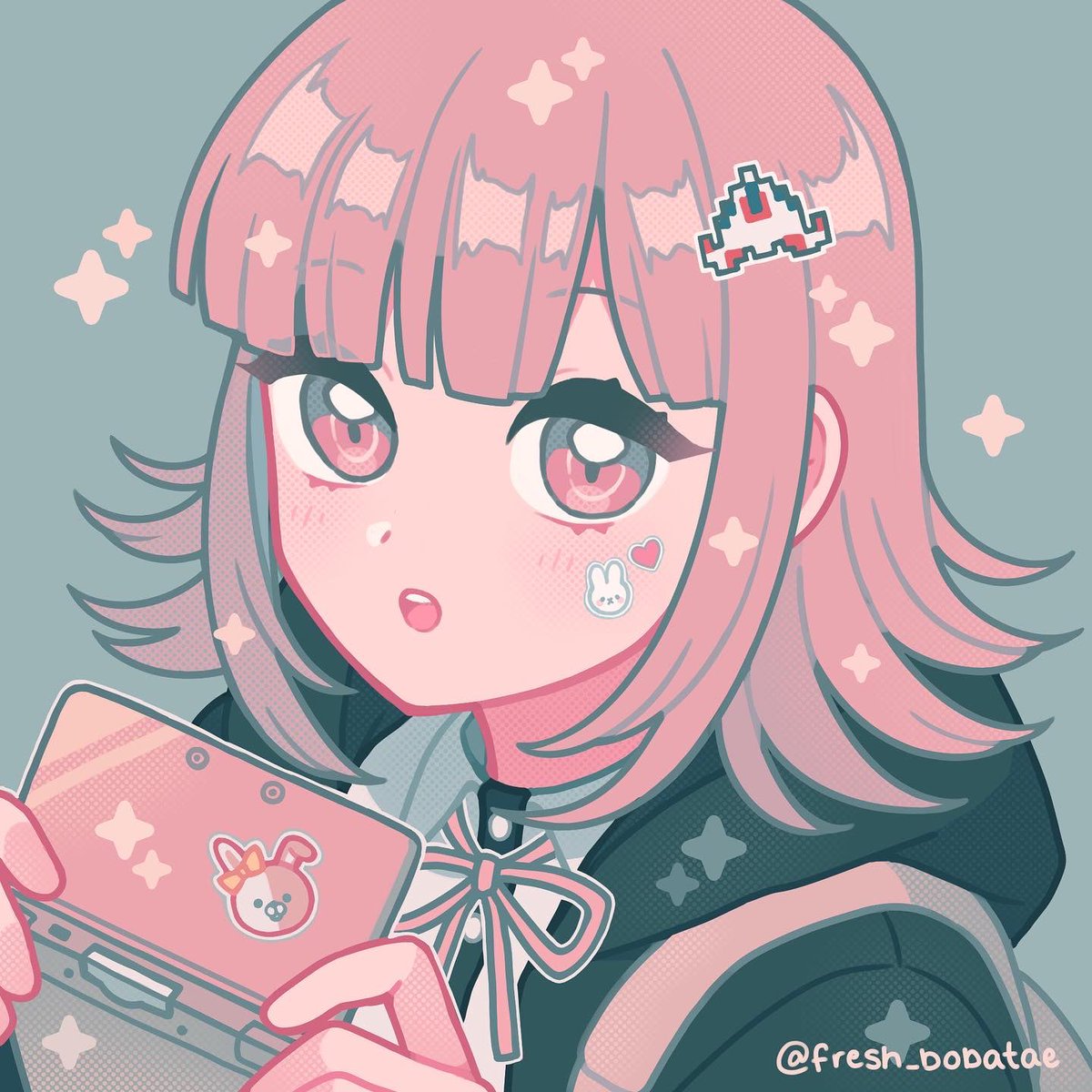 nanami chiaki 1girl bangs handheld game console medium hair solo hair ornament jacket  illustration images