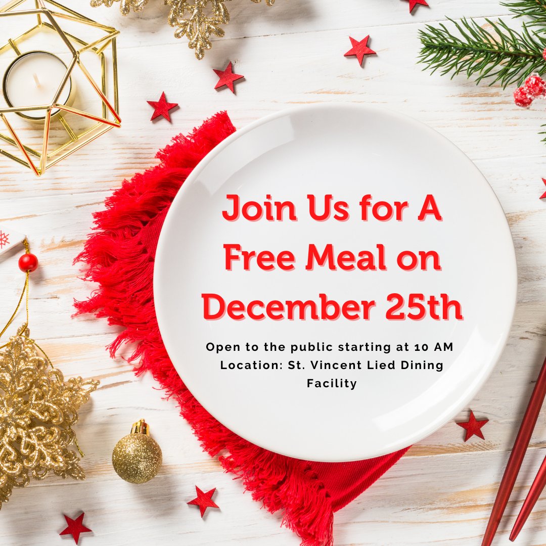 Join us this Christmas for a free meal at our St. Vincent Lied Dining Facility 💜 This free meal will be available and open to anyone and will be open to the public starting from 10am Contact us at (702)-385-2662 for more information.

#ChristmasMeal #HolidayMeals #GivingSeason