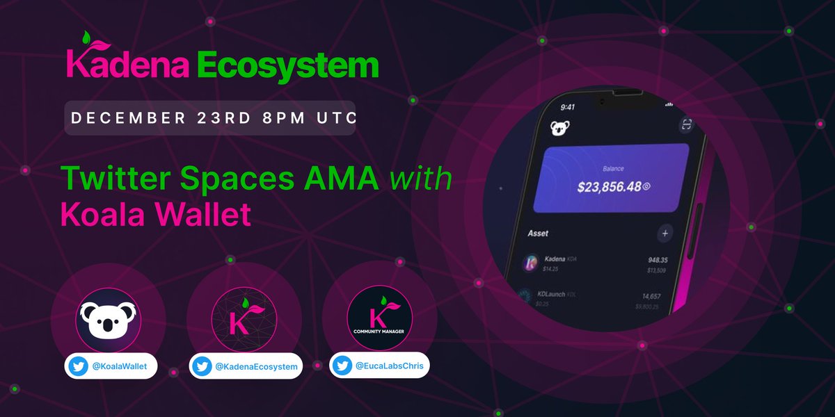 Join us December 23rd as we chat with <a href="/KadenaEcosystem/">Kadena Ecosystem</a> and the community all about #KoalaWallet ✨

We'll be joined by head koalas: <a href="/euclabs/">Eucalyptus Labs</a> CTO, <a href="/TimEucalyptus/">Tim Molter</a> &amp; Product Owner, <a href="/BRENNY431/">BRENNY</a> 🐨

x.com/i/spaces/1nAKE…