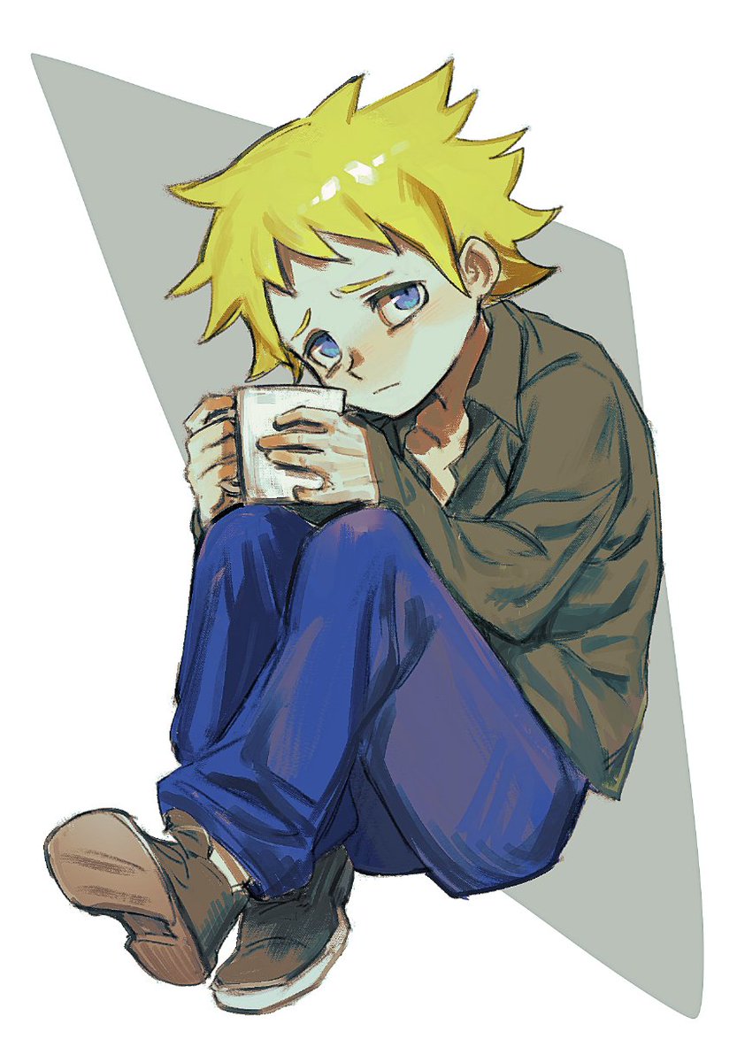 male focus 1boy blonde hair solo blue eyes cup shirt  illustration images