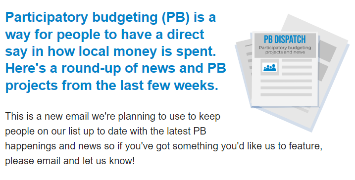 New #participatorybudgeting resource alert! 🚨

We'll be sending out a brief PB dispatch every few weeks with the latest projects, happenings, blogs and more - so make sure you sign up &amp; don't miss out 😀📰🗞️

First issue: us11.campaign-archive.com/?u=c8011ea14fc…

Sign up: pbscotland.scot/network
