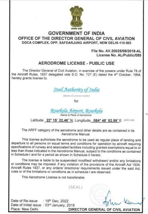 soumojit_aero's tweet photo. Finally #Rourkela Airport got its licence!!!
Director of Civil Aviation, Govt. of India granted 2C commercial license to Steel Authority of India (SAIL) Ltd, for Rourkela Airport.Commercial flight services to start soon with ATR72 

#Odisha #aviation #avgeek https://t.co/MJLYYInkBc