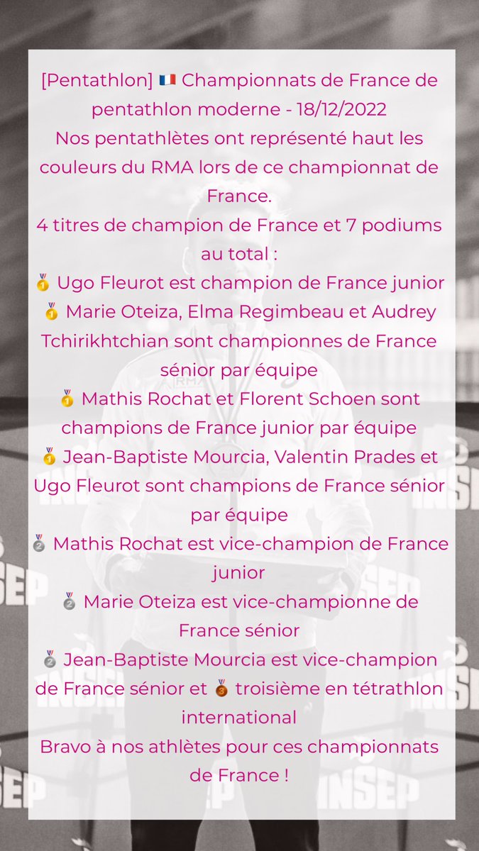 [Pentathlon] 🇫🇷 Championnats de France 2022 - 4 titres de champion de France et 7 podiums au total pour le Paris RMA <a href="/FFPentathlon/">Fédération Française de Pentathlon Moderne</a>