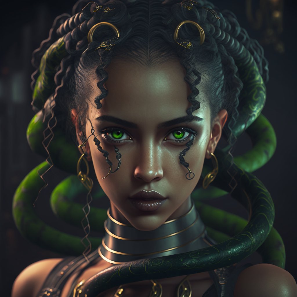 oxide_blaze_'s tweet photo. There are some more of my ideas of #MetaGF. This Medusa Gorgon is my best one I think. I love it most. I really enjoy this event by @UltiverseDAO and great tool by https://t.co/azEfmyXUJ8. There are some fire girls, diabolic girls. 
 #IdealGF #Ultiverse #MetaBFF https://t.co/rGrO6Uxcqj