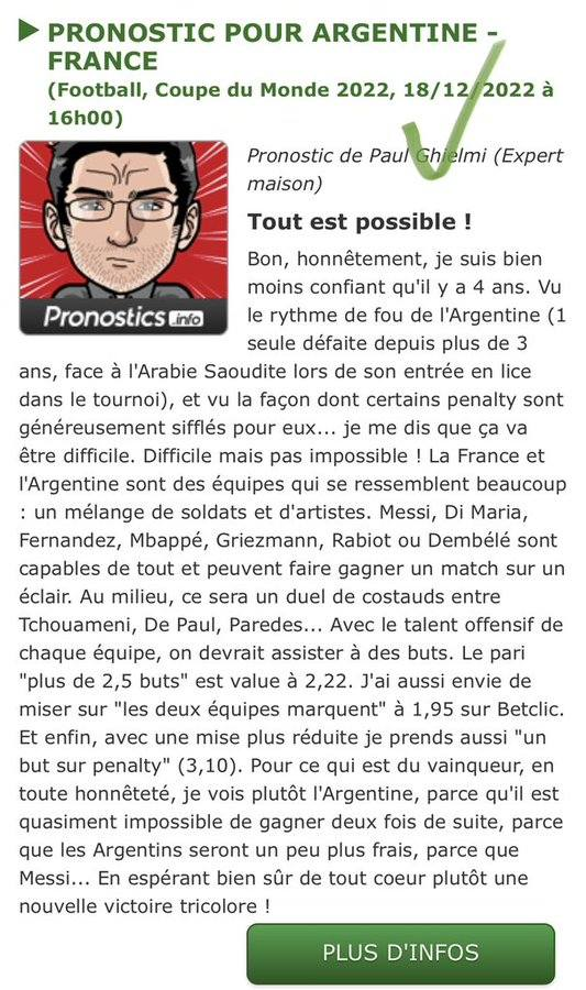 Paul_Ghielmi's tweet image. Malheureusement j’ai eu tout bon sur Pronostics.info :
👉 +2,5 buts ✅
👉 BTTS ✅
👉 Penalty ✅
👉 … et Argentine ✅😢

Mais on aura quand même vibré ! 😘