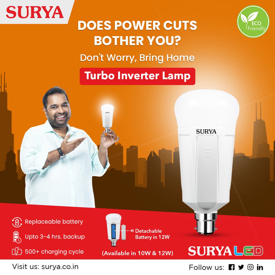 surya_roshni's tweet photo. Surya Turbo Inverter Lamp gives 50% lumen output while operating on battery and gives upto 3-4 hrs. backup.
Visit us at- https://t.co/wCERQ8IFY1
#Surya #SuryaRoshni #SuryaLighting #SuryaLED #SuryaLights #TurboInverterLamp #InverterLamp #InverterLEDLamp #SuryaLEDLighting #India https://t.co/lCEmLDQRg6