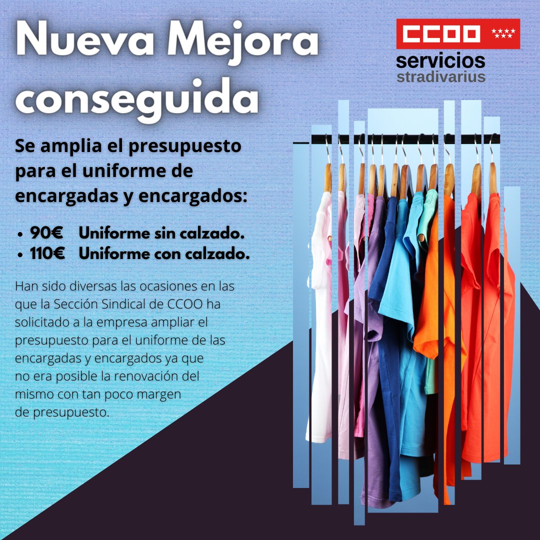 Nueva mejora, en este caso para las encargadas y los encargados. 
Subida del presupuesto de uniforme

#ccoo #ccoomadrid #ccooservicios #comerciotextil #mejora #uniformes