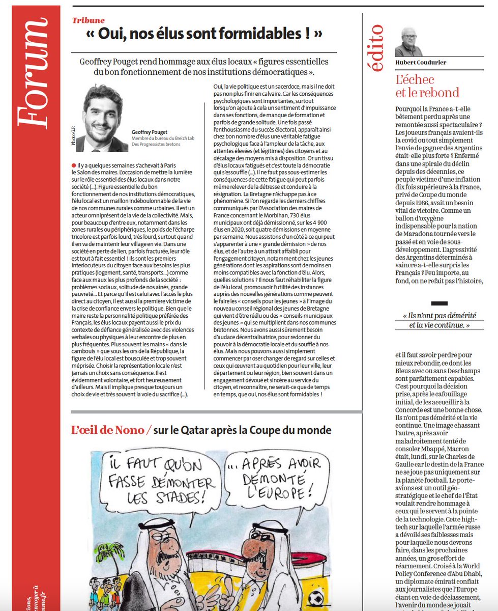 Oui, nos élus sont formidables !

Découvrez ma nouvelle tribune publiée ce jour en page 4 du <a href="/LeTelegramme/">Le Télégramme</a> 

Face à la fatigue généralisée des élus locaux, changeons de regard sur celles et ceux s'engagent quotidiennement au service du citoyen
#tribune #opinion #Bretagne