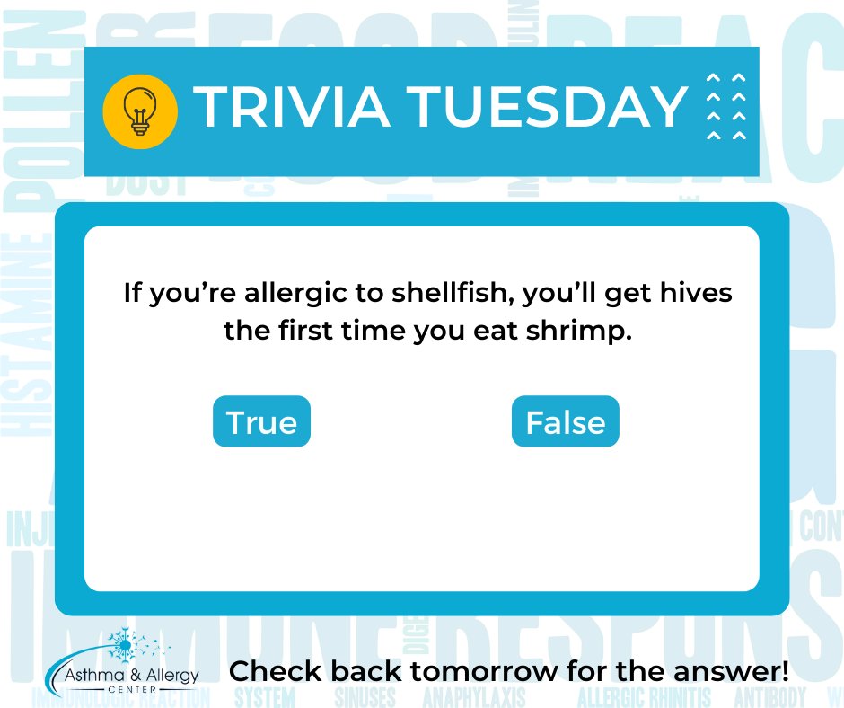 AsthmaAllergyVA's tweet image. Welcome back for another Trivia Tuesday! Today's question: shellfish allergy. 
 
#allergy #AACVA #TriviaTuesdayAnswer #allergist #RoanokeVa #shellfish #foodallergy