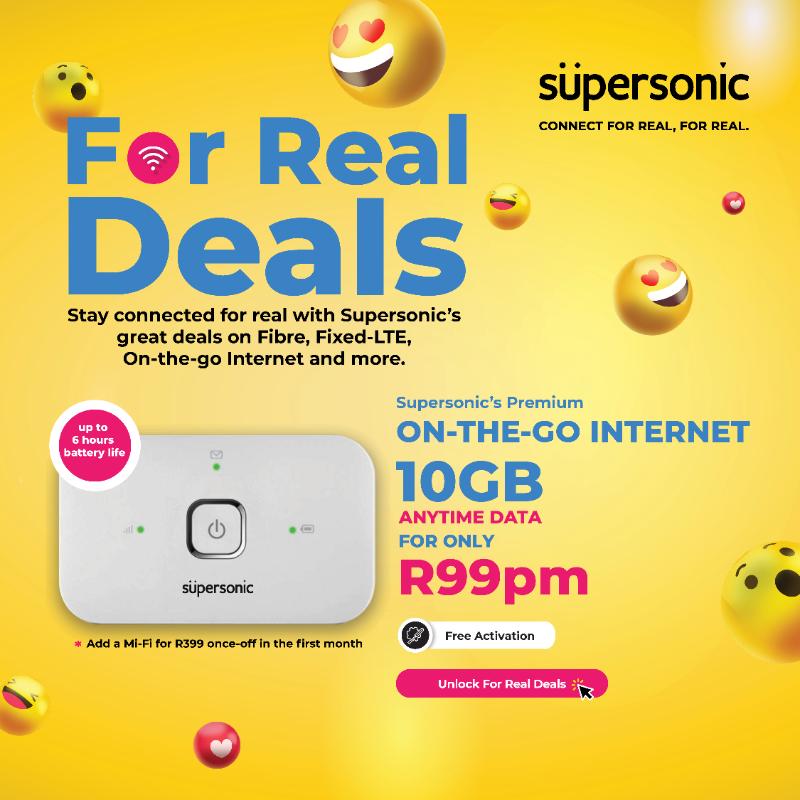 supersonicfibre's tweet photo. Need to stay connected to premium internet while on the move? We can hook you up with one of our #ForRealDeals - 10GB Anytime data for just R99pm.

Swipe to connect &amp; click the link to get the offer.

#Connect4real4real #Supersonic
https://t.co/r6NjooCv9T
*T’s &amp; C’s Apply