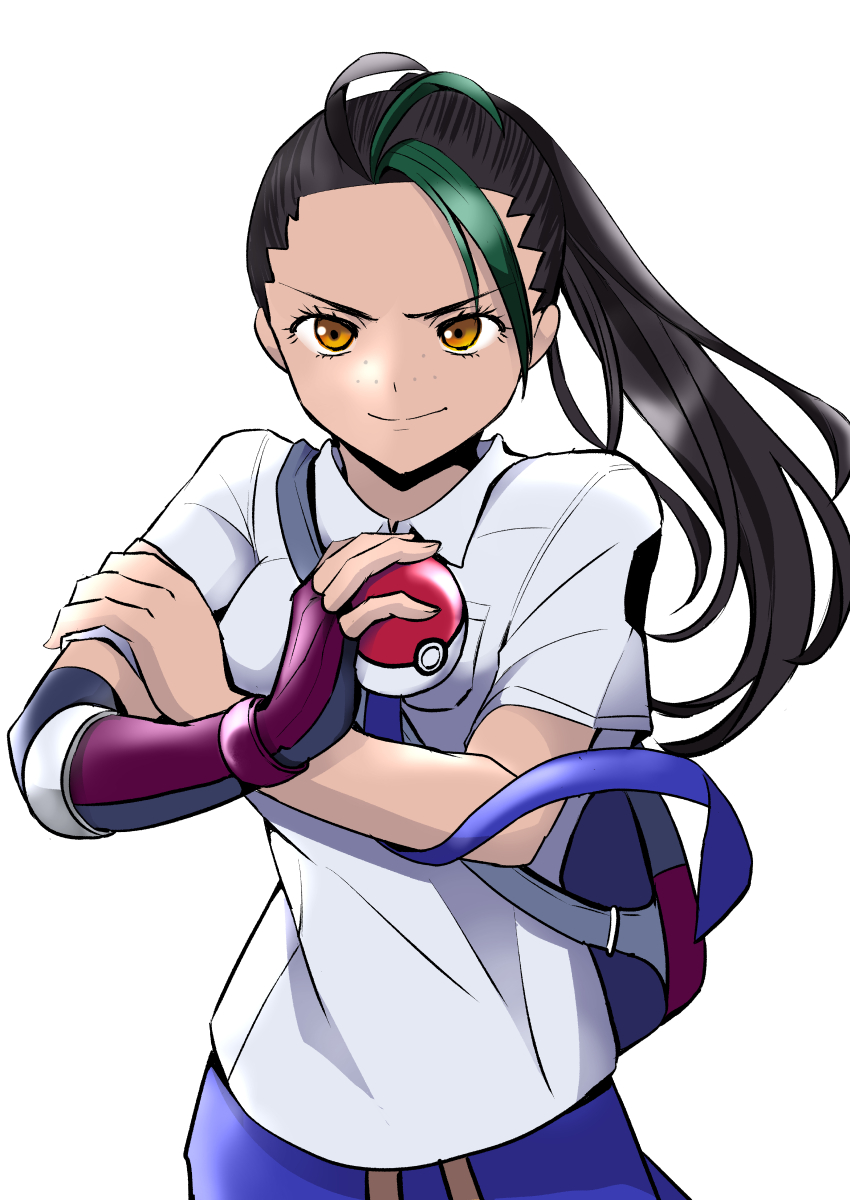 1girl freckles solo school uniform poke ball holding green hair  illustration images