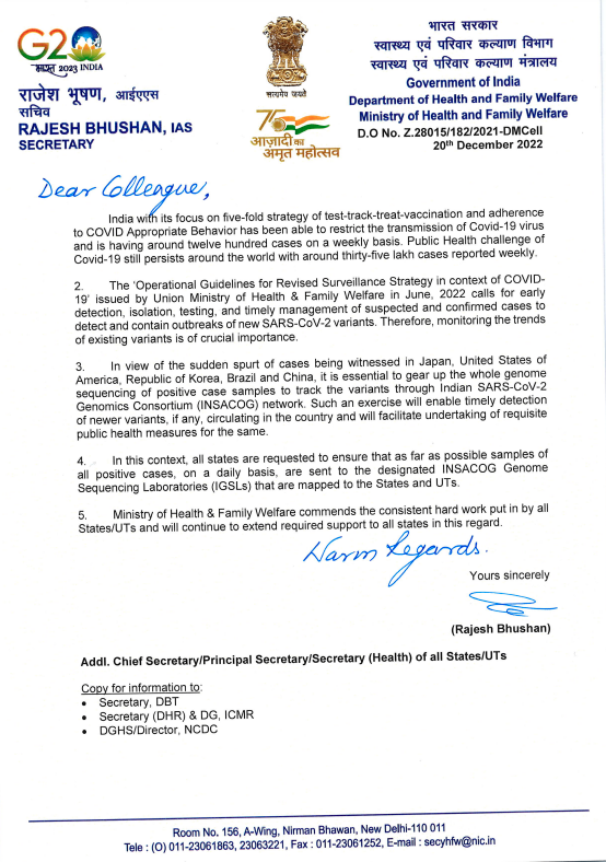 ln view of sudden spurt of cases being witnessed in Japan,USA,Korea,Brazil &amp; China, it's essential to gear up whole genome sequencing of positive case samples to track variants through Indian SARS-CoV-2 Genomics Consortium(INSACOG)network, writes Union Health Secy to States &amp; UTs