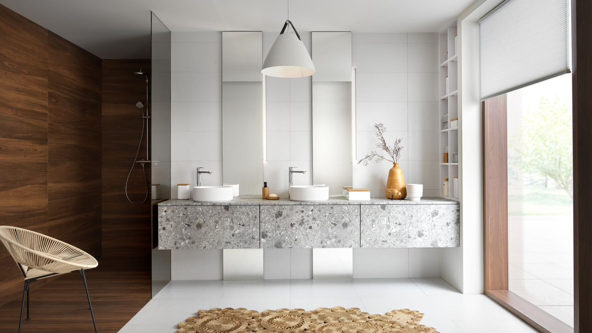 Schmidt_Bath's tweet photo. Terrazzo brings a natural stone effect to the bathroom. This elegant white and grey design boasts ample storage space and creates a unique place for relaxing. https://t.co/YnnDDswkhb