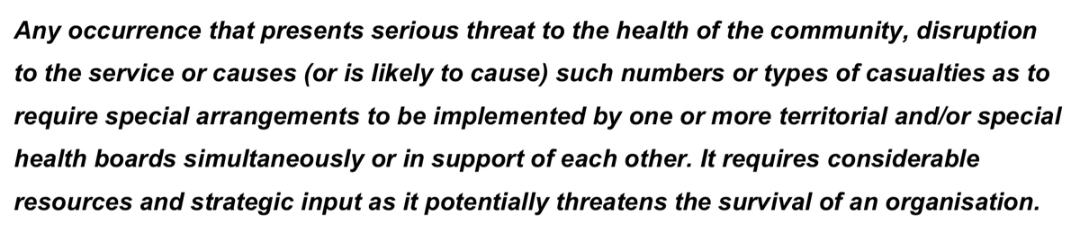 "As bad as it's ever been" from EM Consultants, ambulance services, and a Major Incident in slow motion in all but name. Action is required now, before more harm befalls our staff and patients. 
(attached - definition of a major incident) (1/n)